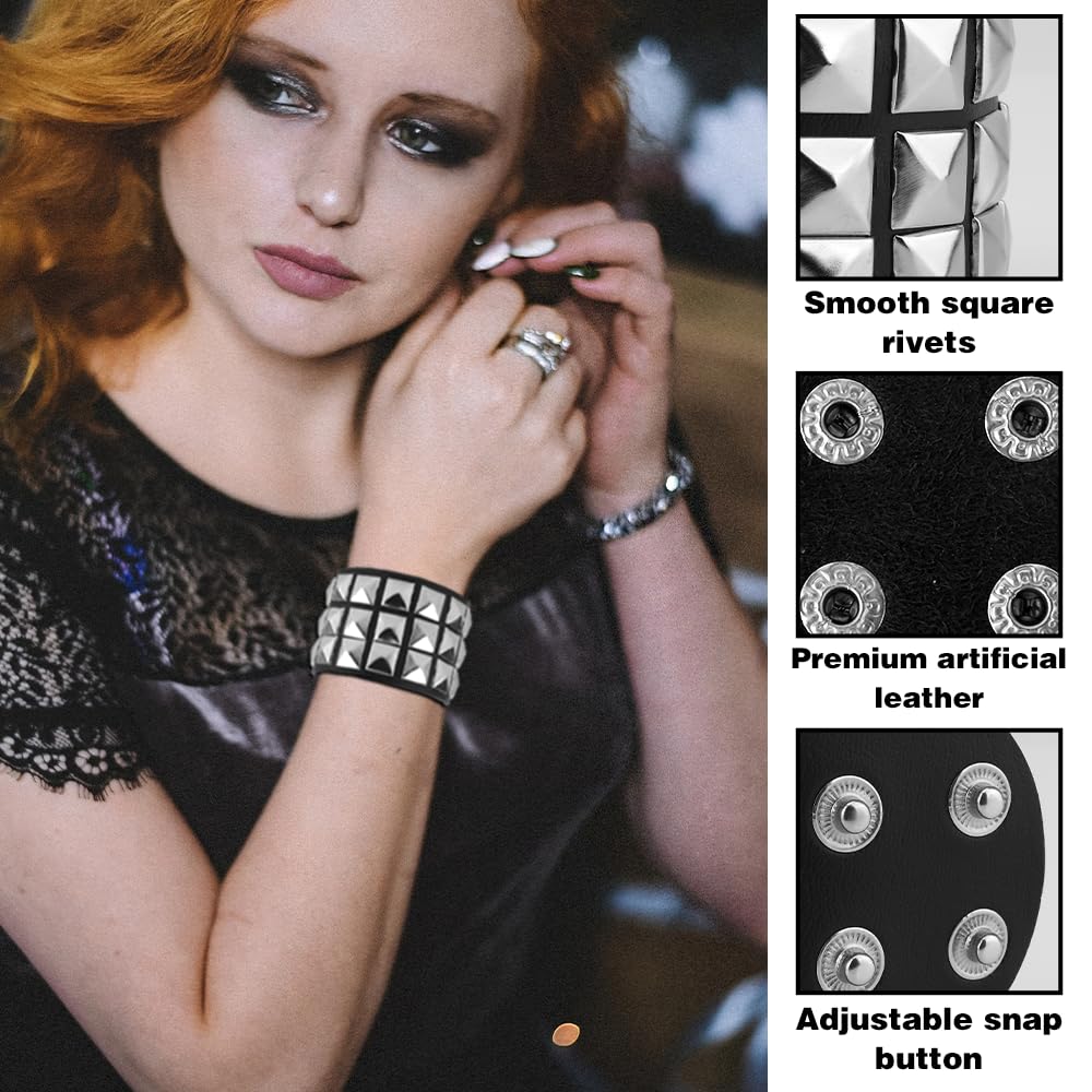 DTUIEUI Punk Set 11pcs Black Leather Cuff Bracelet, Studded, Spiked, Emo, Goth, Spike, Studded Arm Band, 80s Punk Gothic Rocker Halloween Costume Accessories