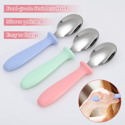Pimoys 6 Pieces Toddler Spoons Baby Spoons for Self-Feeding, Stainless Steel Kids Spoons with Plastic Handle Metal Toddler Utensils Children's Silverware Set BPA Free, Dishwasher Safe