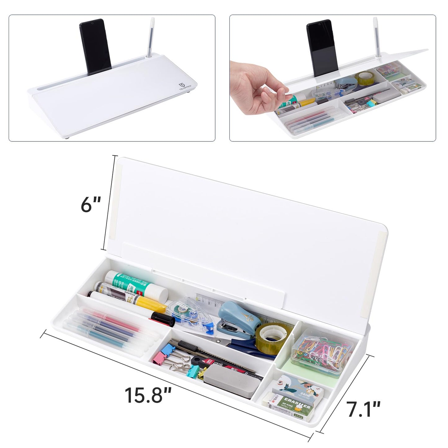 TSJ OFFICE Small Desktop Whiteboard -Glass Dry Erase Board Computer Keyboard Stand White Board Surface Pad with Drawer, Desk Organizers with Accessories for Office, Home, School Supplies - White