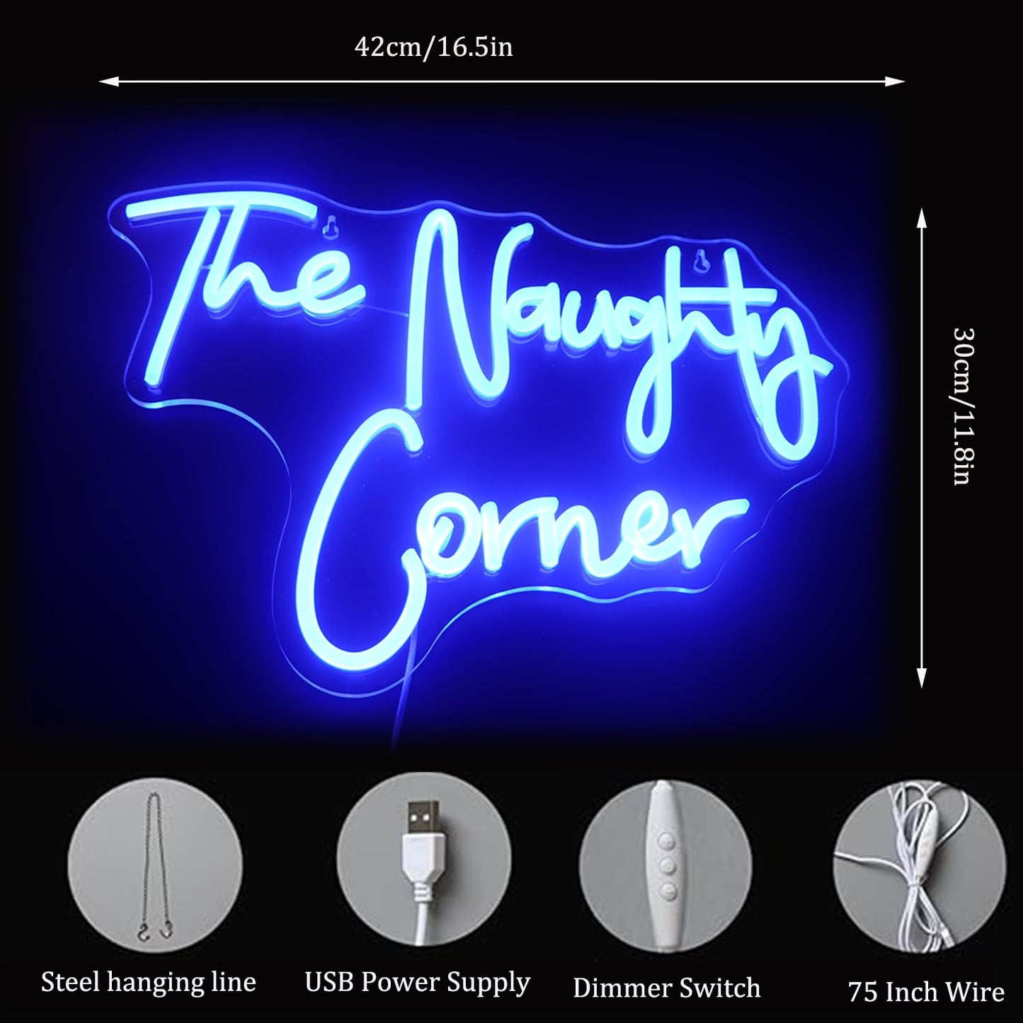 QiaoFei LED "The Naughty Corner" Neon Sign Word/Letters USB Powered Neon Lights for Girls Room Home Bar Art Wall Decor Party Window Living Room Decor Birthday Christmas' Gift(Blue)