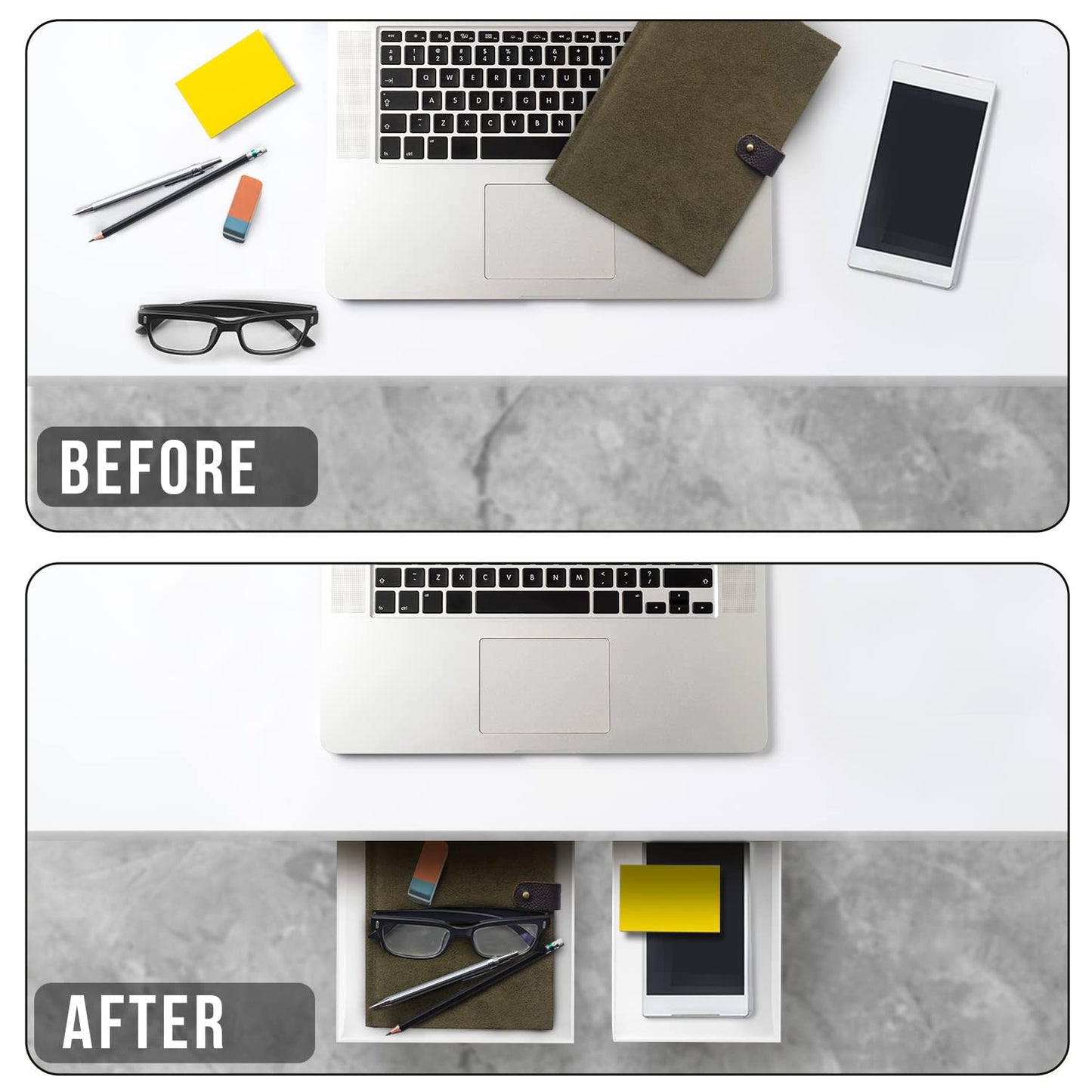 Desk Oasis 2 Pack Under Desk Drawer Organizer, Slide Out Storage for Pens, Cables & Office Accessories with Self Adhesive, No Drill Installation, Hidden Desk Storage for Office and Home