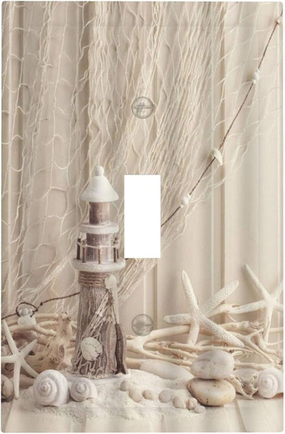 Nautical Coastal 1 Gang Single Toggle Light Switch Covers Seashell Fishing Net Ocean Lighthouse Starfish Decorative Wall Plate Switchplate Electrical Faceplate Beach Theme Decor