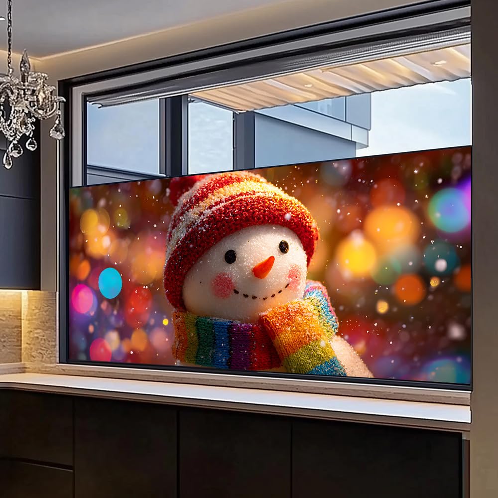 WDESYADMS Window Film 39.4×17.3 Inch PVC Snowman with Rainbow Scarf Winter Lights Pattern Decorative Window Film for Home Privacy Enhancement Seasonal Christmas Window Covering
