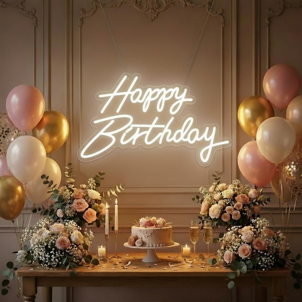 HMT Happy Birthday Neon Sign USB Powered 19.6×11.8 Inch Large LED Light Up Sign for Backdrop & Birthday Party Decor