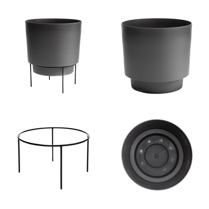 Bloem Hopson 10" Plastic Cachepot with Metal Stand - Decorative Indoor Planter with Black Metal Stand, Charcoal