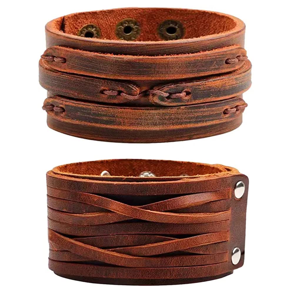 NIGHTCRUZ Punk Leather Cuff Bracelet, 2PCS Vintage Leather Wristband for Men Women