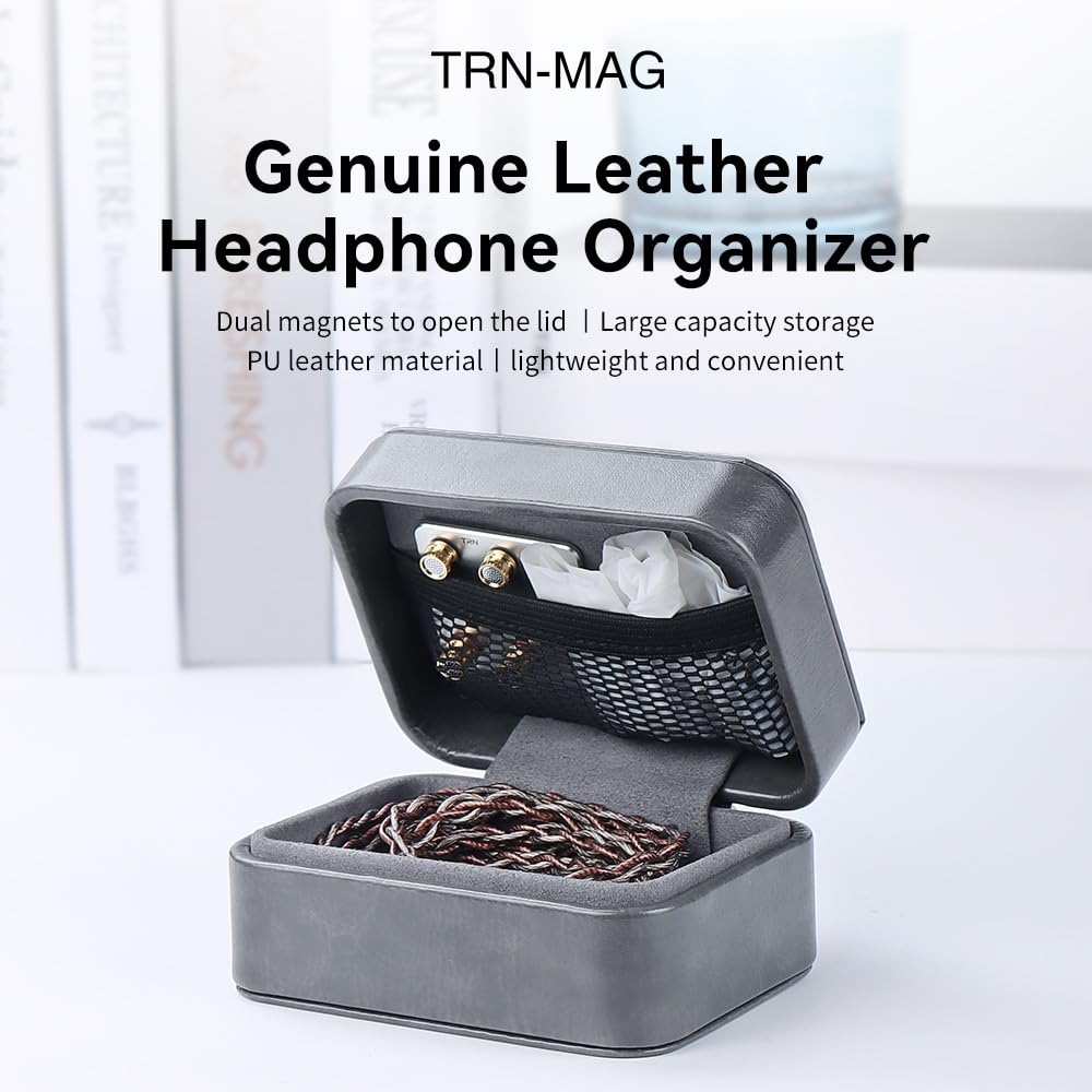 TRN-MAG IEM Earbud Case,PU Leather Wired Earbuds Case with Clip，3.7 * 2.8 * 1.9 in Earphone Case,Earpods Case Gray