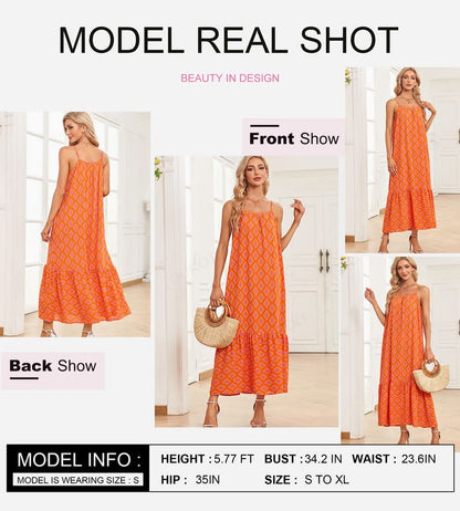 Dokotoo Women Summer Dresses 2025 Spaghetti Strap Scoop Neck Smocked Ruffle Flowy Boho Maxi Dress