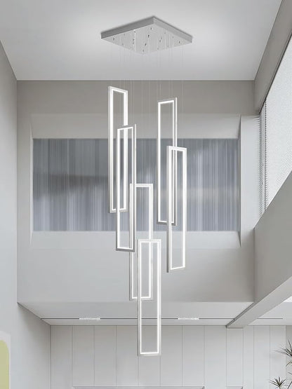 Flashing God Modern Chandelier,Silver Chandelier with 6 Ring Led Foyer Chandeliers,Larger High Ceiling Chandelier for Living Room,Square Chandelier for Entryway Staircase LED Dimming 2700k-6001k