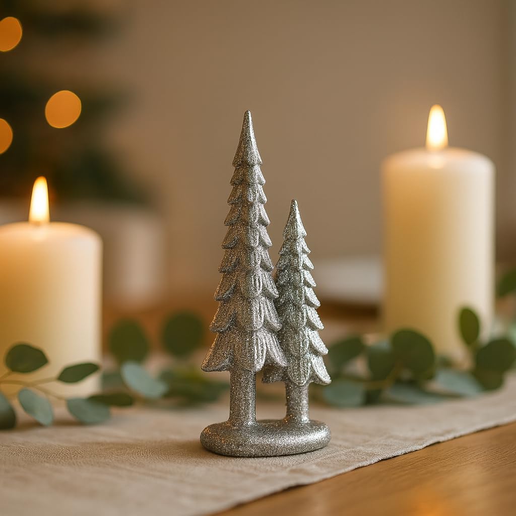 iStatue Sparkle Pine Trees, 7" Resin Tabletop Figurine Double Glitter Trees on One Base Indoor Christmas Decoration, Modern Mantel/Bookshelf Décor (Silver)