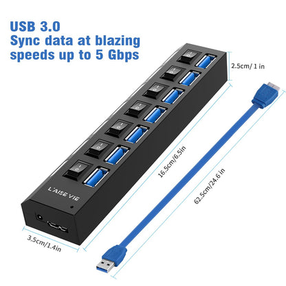 Multi Port Splitter, 7 Port USB 2.0 Hub, USB A Port Data Hub with Independent On/Off Switch and LED Indicators, Lights for Laptop, PC, Computer, Mobile HDD, Flash Drive and More (Black 2.0)