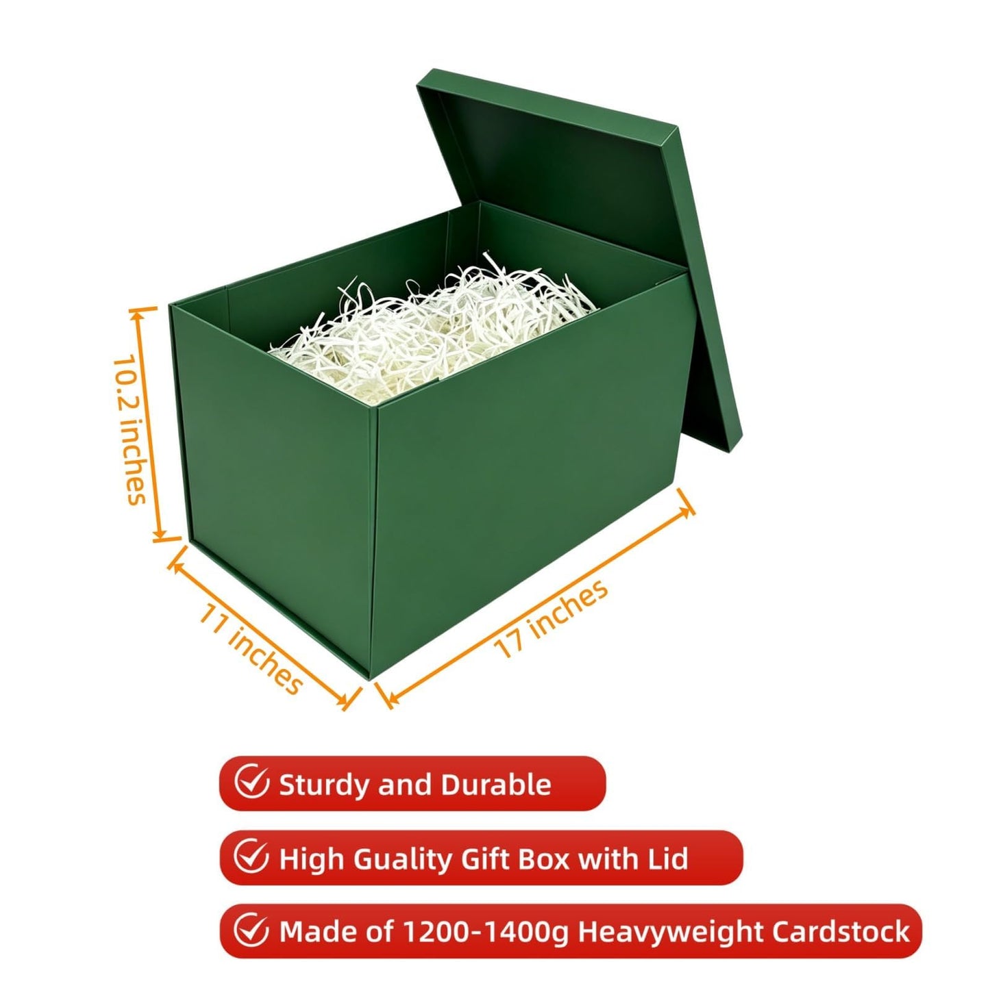 BoxSkivra Extra Large Gift Box 17x11x10.2 Inches，Green Gift Box with Lid for Christmas，Anniversary，Birthday，Luxury Boxes with Crinkle Paper，Ribbon，Alphabet Stickers