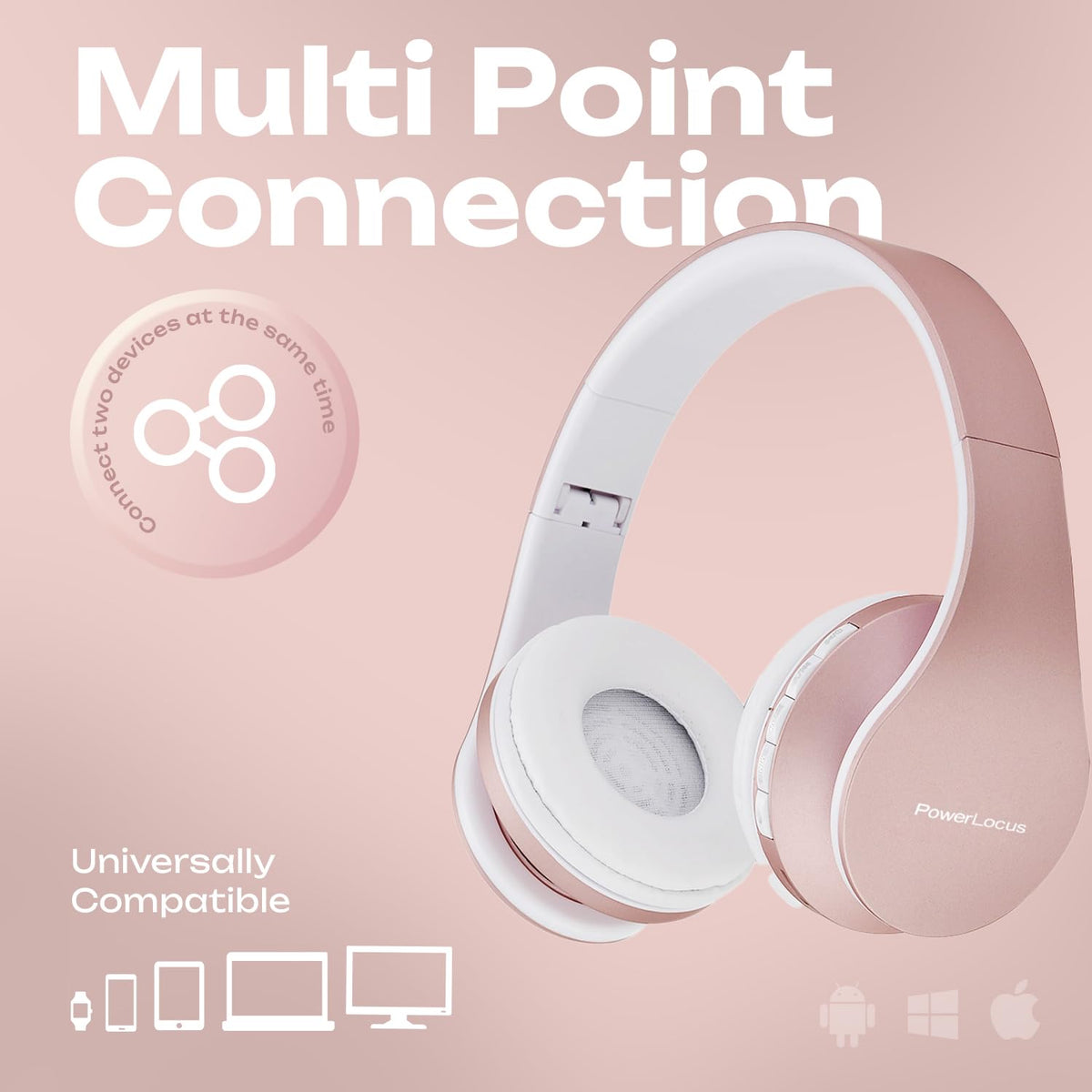 PowerLocus Wireless Bluetooth Over-Ear Stereo Foldable Headphones, Wired Headsets with Built-in Microphone for iPhone, Samsung, LG, iPad (Rose Gold)