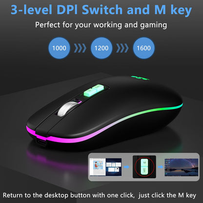 KARFUN Wireless Mouse, Backlit LED Portable Slim Computer Mouse for Laptop, PC, Computer, MacBook, iPad, Chromebook, Notebook, 2.4G Rechargeable Wireless Mouse (Black) (Black-Transparent Nose)