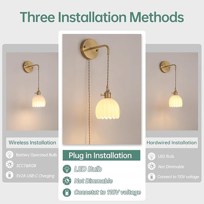Vintage Wall Sconce with White Tulip Glass Shade Hanging Wall Sconce with 4.9FT Plug in Cord, Modern Wall Lamp Fixtures Decor for Bedside Bedroom Indoor Doorway