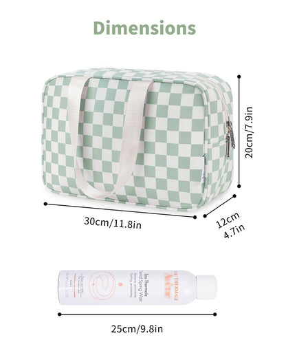 Narwey Large Checkered Travel Toiletry Bag Women Toiletries Bag Skincare Bag Makeup Bag with Handle Make up bag Organizer Cosmetic Bag Medicine Bag for Girls (Mint Green Checkerboard, Large)