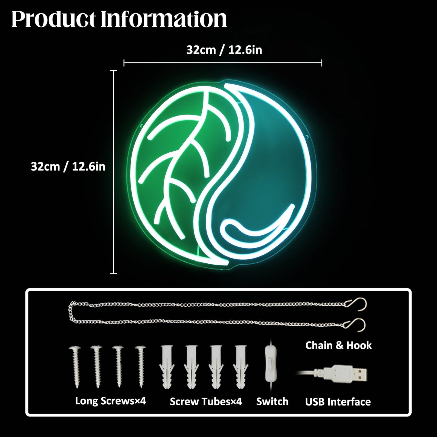 CKTBLEY Yin Yang Neon Sign Green Leaf Neon Light Blue Water Drop LED Signs for Wall Tai Chi Neon Signs for Bedroom Neon Wall Sign Light Up Sign for Living Room Game Room Man Cave Office Decor