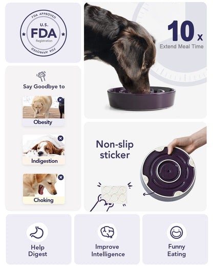 LE TAUCI Dog Bowls Slow Feeder Ceramic, 1.5 Cup Slow Feeding Bowl for Small and Medium Breed, Puzzle Dog Food Bowl for Fast Eater, Maze Purple