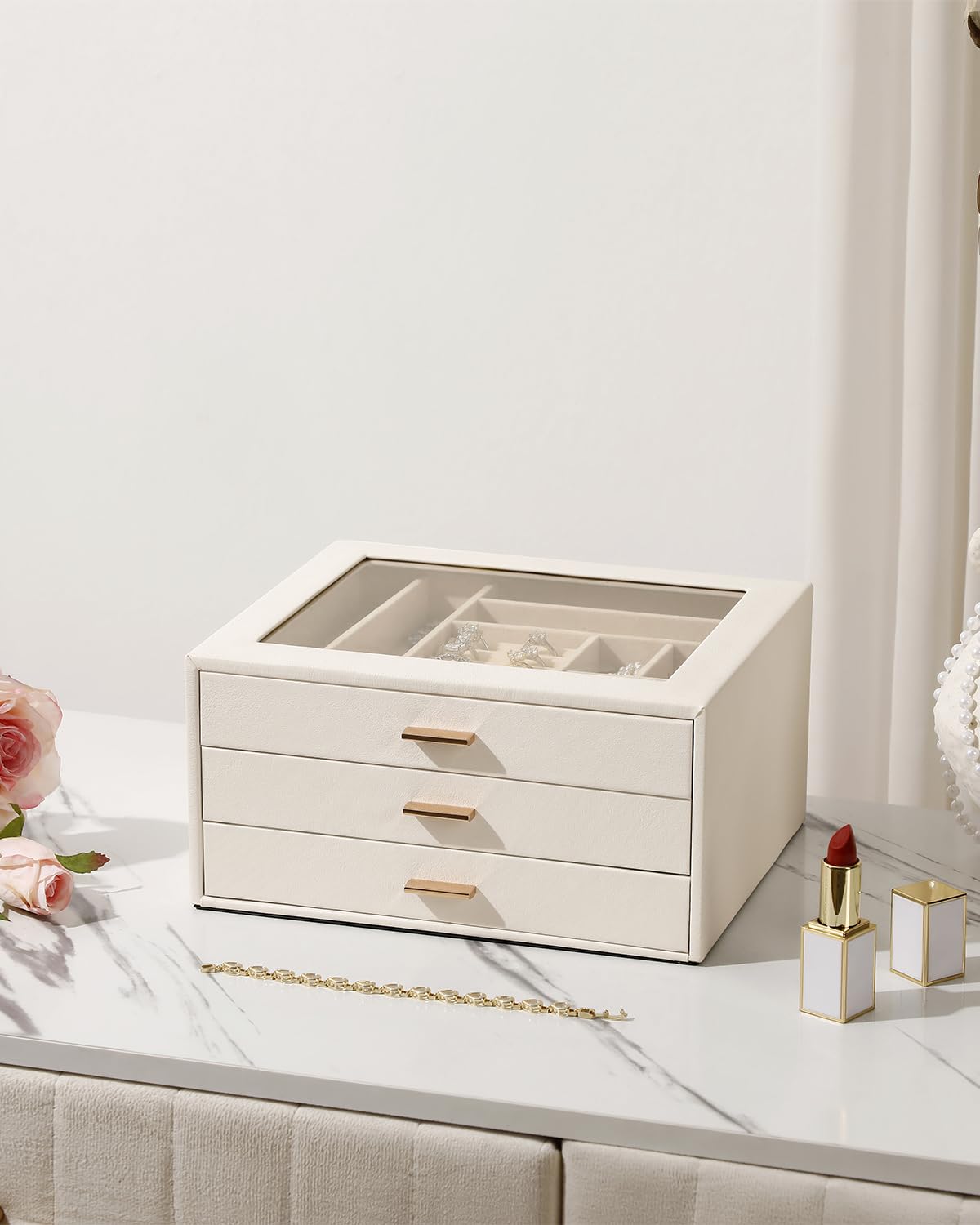 GLOBAL KA Jewelry Box with Glass Lid,3-Layer Jewelry Boxes for Women,PU Leather Jewelry Organizer with 20-Grid Earring Drawer & Movable Dividers for Necklaces Rings - Cloud White
