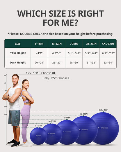 Trideer Extra Thick Yoga Ball Exercise Ball, 5 Sizes Gym Ball, Heavy Duty Ball Chair for Balance, Stability, Pregnancy, Quick Pump Included