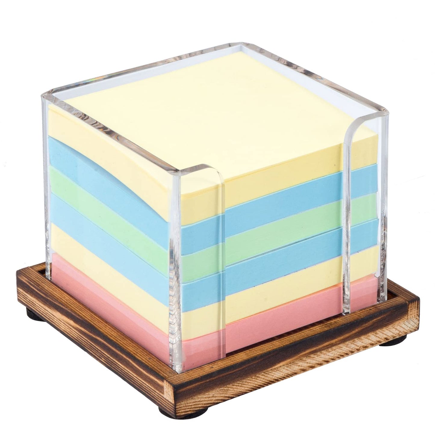MyGift Acrylic Sticky Note Holder Dispenser with Removable Rustic Burnt Solid Wood Tray, 3-Inch Square Office Desktop Self-Stick Memo Pad Storage Cube