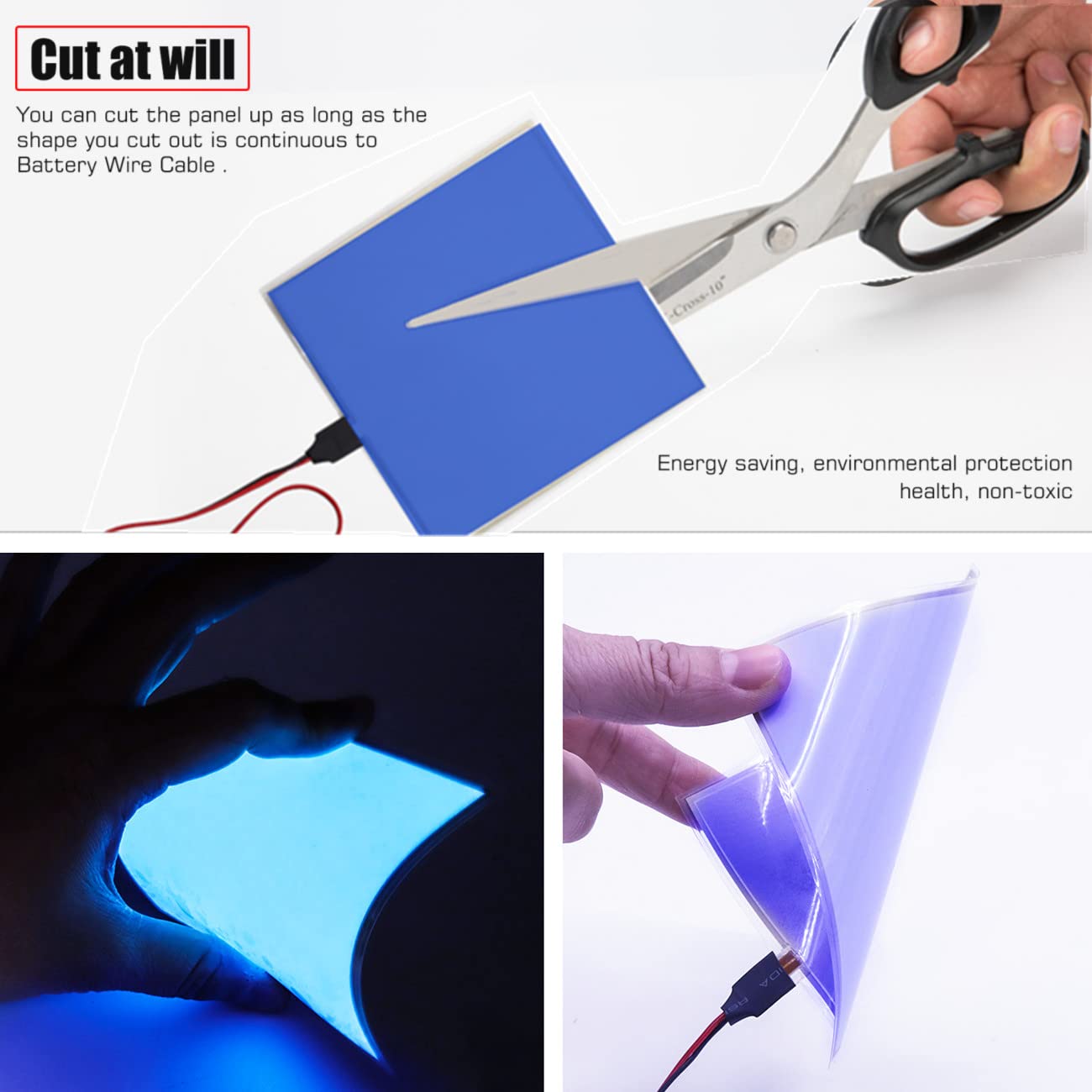 Flexible Led Panel,Electroluminescent Panel Sheet EL Tape Cuttable Soft for Mask Eye Cosplay Party Decor DIY-Continuous/Slow Flash/Fast Strobe 10x10cm (blue, 10x10)