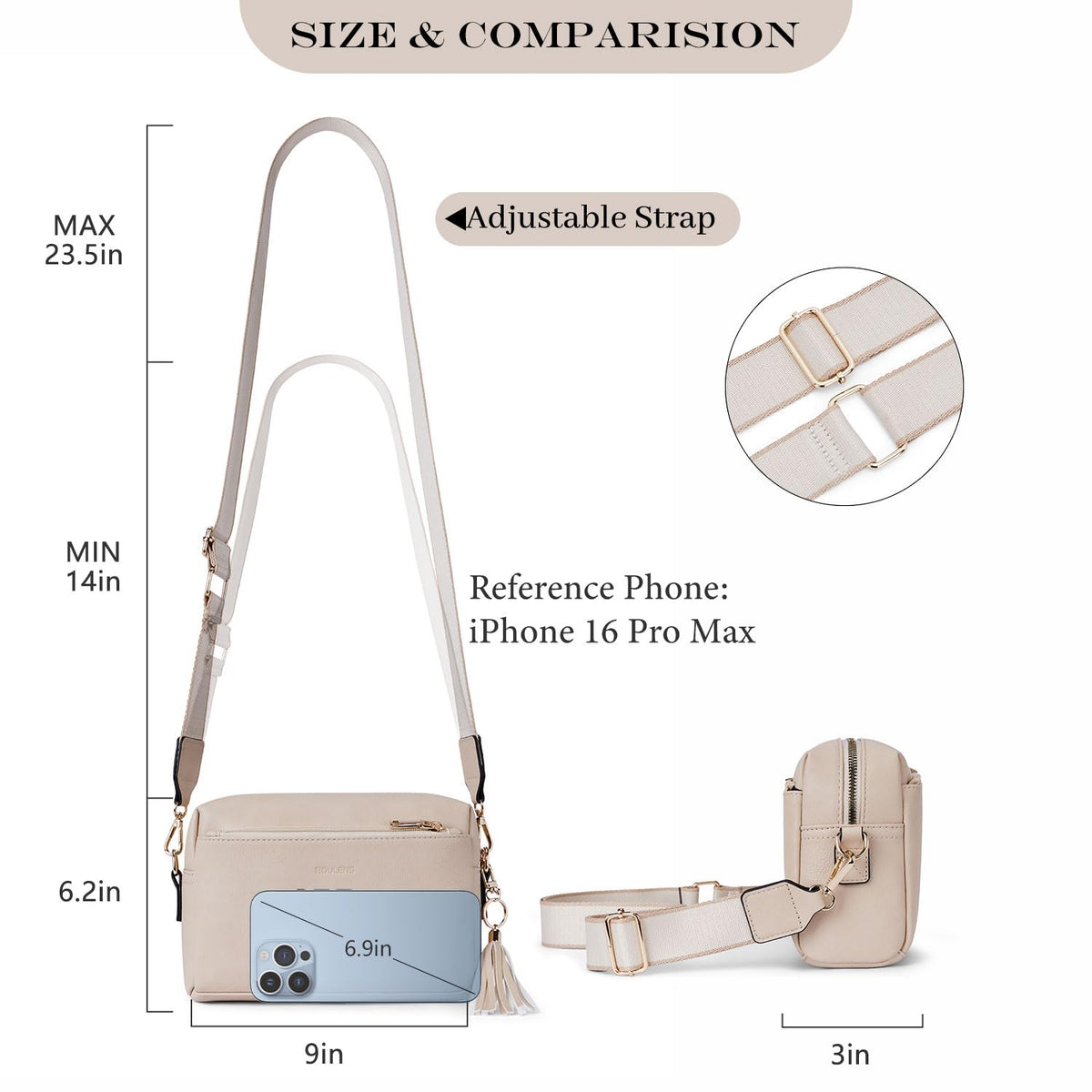 Roulens Triple Zip Small Crossbody Bag for women,Wide Strap Cell Phone Purse Shoulder Handbag Wallet with Credit Card Slots