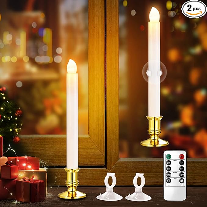 YAUNGEL Window Candles, 2 Pack LED Battery Operated Christmas Candles for Windows with Remote Timer Electric Candle Lights with Removable Candle Holders Suction Cups for Christmas Decorations