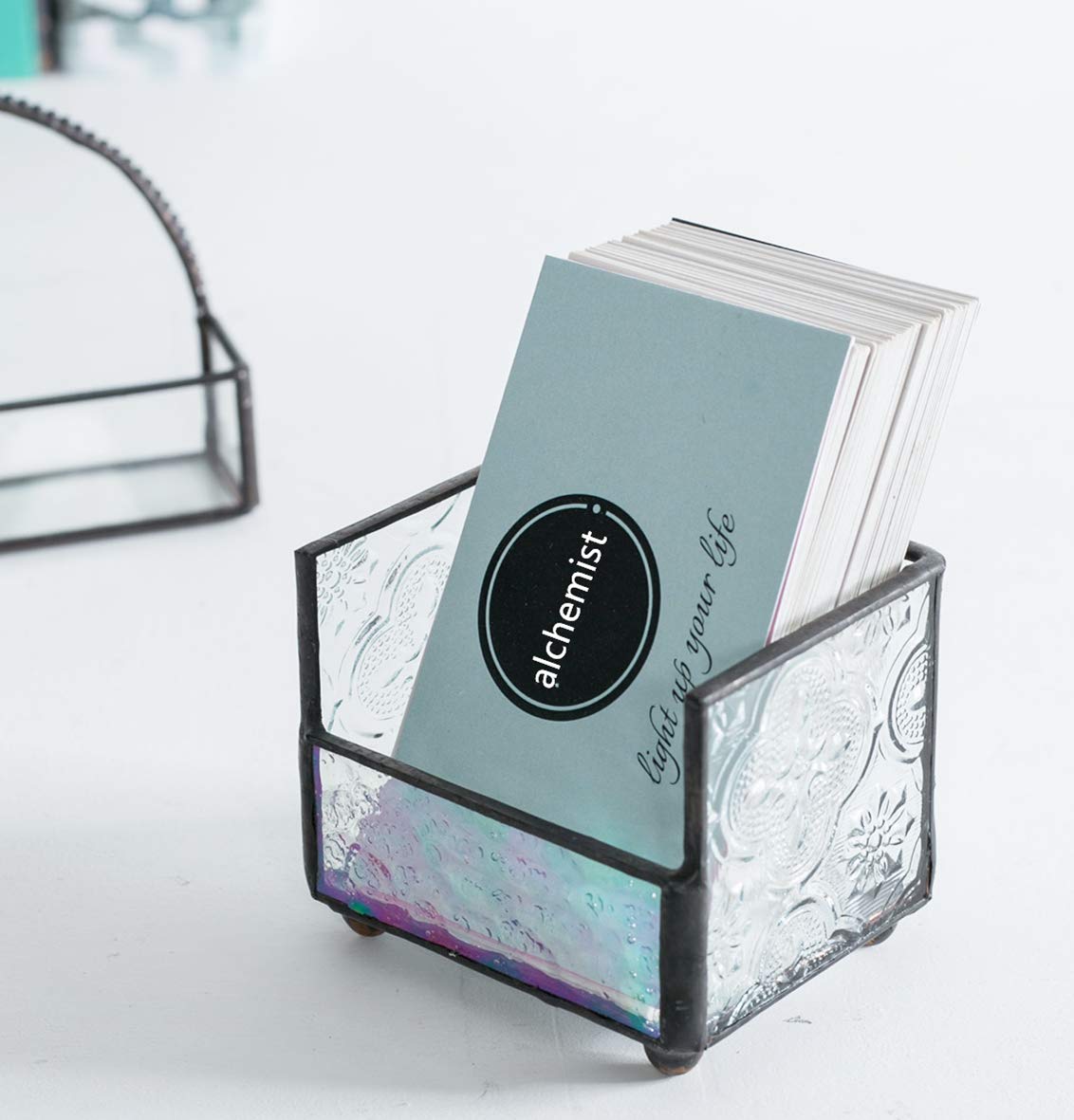 Utopz Vintage Stained Glass Business Card Holder Name Card Display Holder, Mosaic Glass Professional Desk Card Holder for Office Name Plate, Retro Black