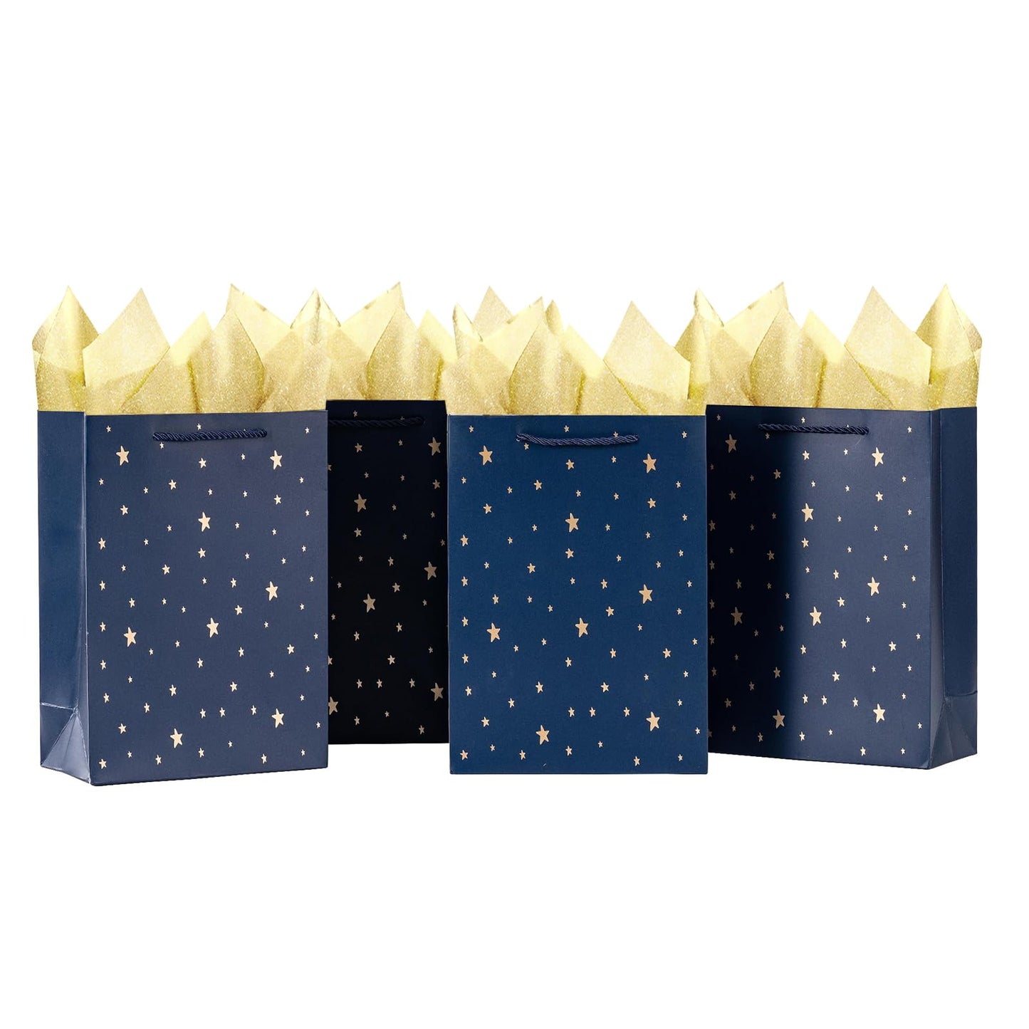 SHIPKEY Gift Bags, 10 Pack Navy Blue with Gold Foil Stars, Kraft Paper Bags with Handles, Bulk for Men, Groomsmen, Christmas Gifts, 8x4x11inch, Includes Tissue Paper