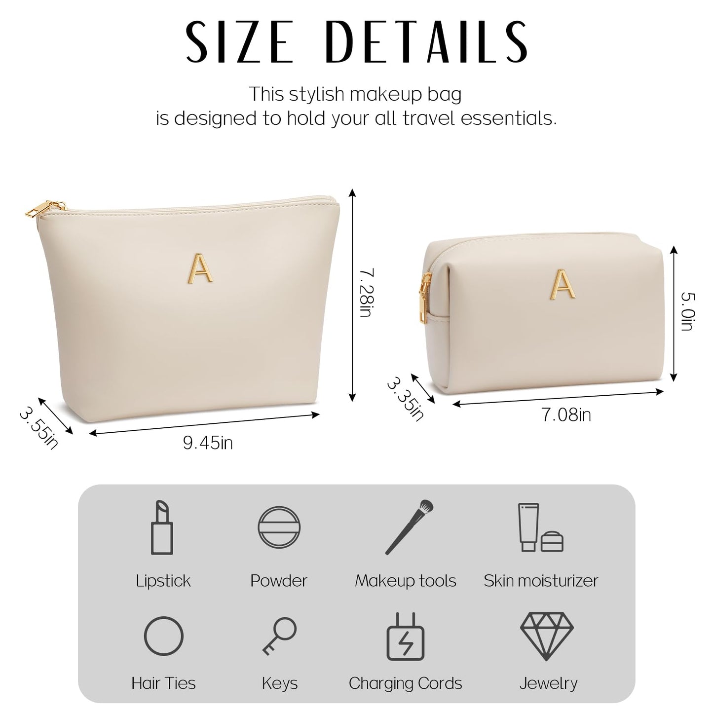 CLOUDWINGS Graduation Gifts | Initial Makeup Bag for Women Personalized Gifts for Bridesmaid Teachers Friend Female College Cosmetic Travel Toiletry Bag(Beige,A)