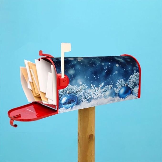 Festive Magnetic Mailbox Cover Blue Ball Snowflake Outdoor Mailbox Protector Holiday Seasonal Decorative Garden Yard Home Standard Size 21 x 18 Inch