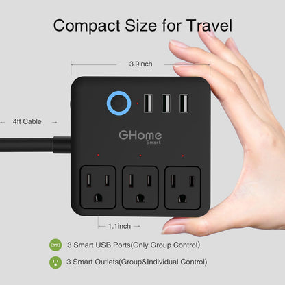 GHome Smart Plug Outlet Extender, USB Wall Charger with 3 Individual Smart Outlets and 3 Smart USB Ports, Works with Alexa Google Home, Surge Protector Plug Extender for APP Control,15A/1800W