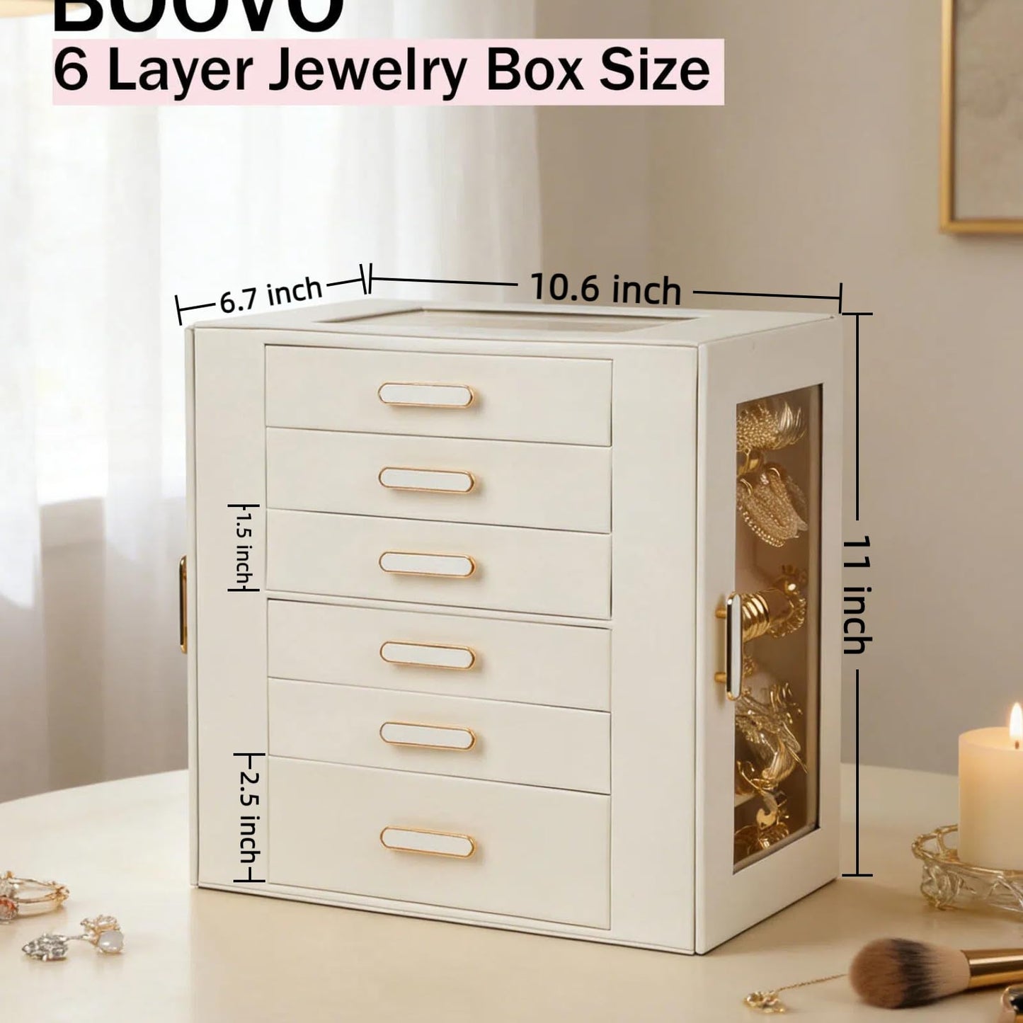 BOOVO Clear Lid Jewelry Box,6 Layers Jewelry Organizer Large Jewelry Storage Box with 6 Drawers,Jewelry Holder Organzier of Rings Earrings Necklace Bracelets for Women (White, 6 Layer)