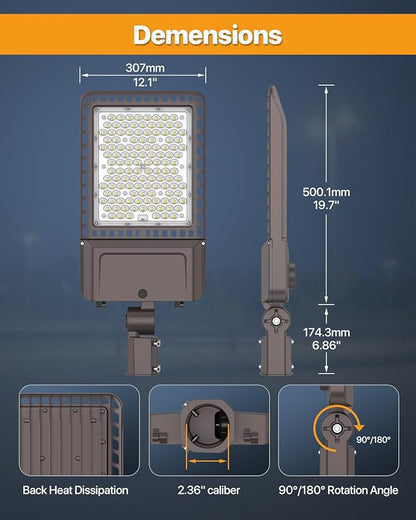 Parking Lot Light 300W 45,000LM Slip Fitter Led Street Pole Light with Dusk-to-Dawn Photocell 5000K 100-277V IP65 Waterproof Commercial Area Lighting for Parking Lot, Roadways