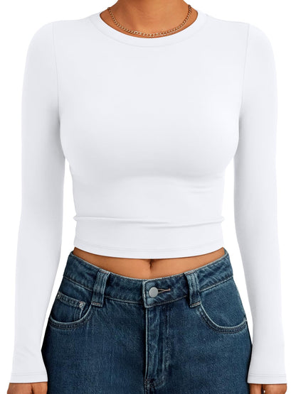 Trendy Queen Womens Long Sleeve Crop Tops Basic Slim Fitted Shirts Fashion 2025 Going Out Y2k Tops Teen Girl Clothes