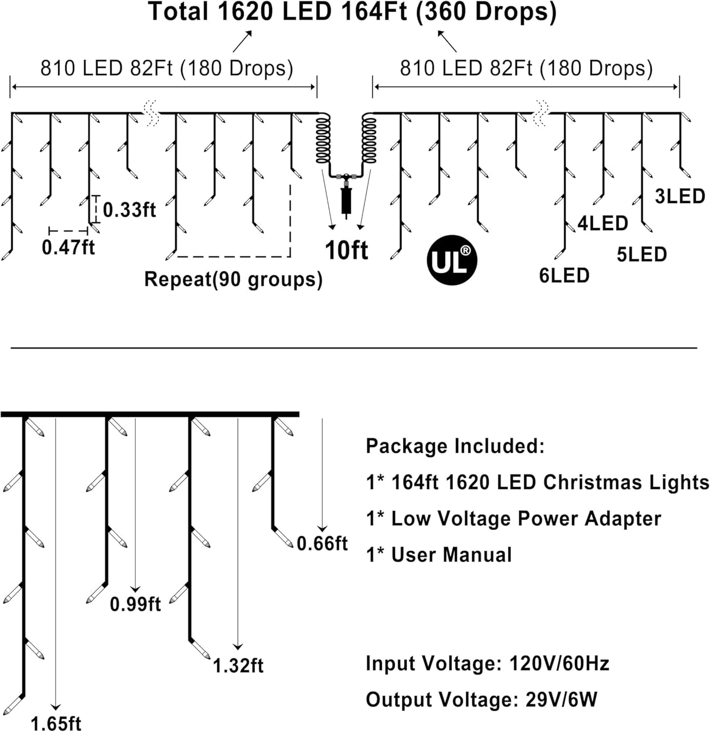 164FT 1620 LED Outdoor Christmas Lights - 360 Ice Drops, 12 Pro Modes with Timer Memory & Brightness, Waterproof Hanging Ice String Light for Holiday Wedding Garden Fence House Decor (Cool White)