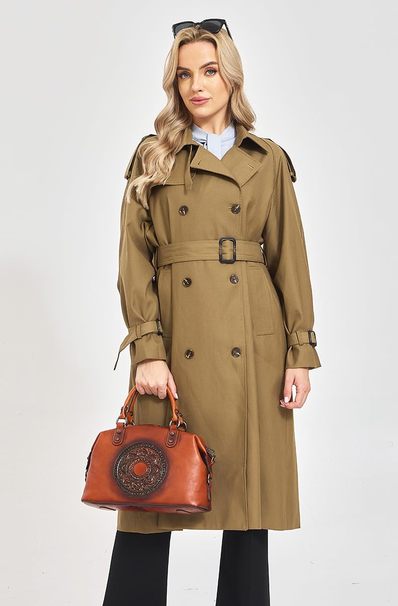 Genuine Leather Women's Handbags Travel Small Purses Top Handle Barrel Satchel Shoulder Hand Bags leather crossbody bags for Women Retro Totem Tote Bag Brown