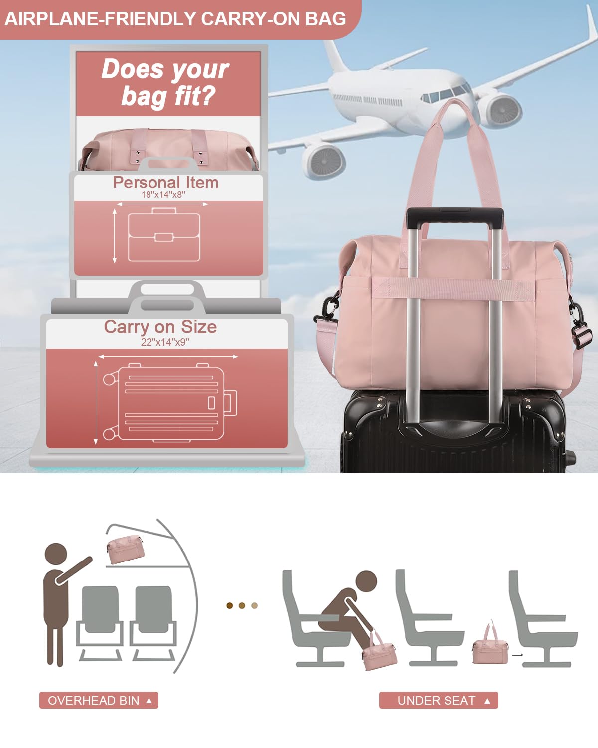 Pritent Travel Duffle Bag, Waterproof Weekender Overnight Hospital Bags for Women Men with Toiletry Bag Lightweight Personal Item Duffle Gym Bag for Travel, Airplanes, Sports(Pink, Medium)