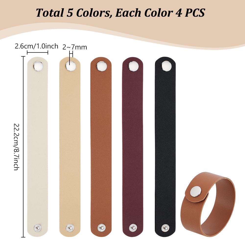PH PandaHall 20pcs 5 Colors PU Leather Bracelets, 8-3/4 x 1 inch Plain Leather Snap Bracelets Blank Wrist Leather Cuffs Leather Straps with Snaps for DIY Crafts Wristbands Men Women Jewelry Making