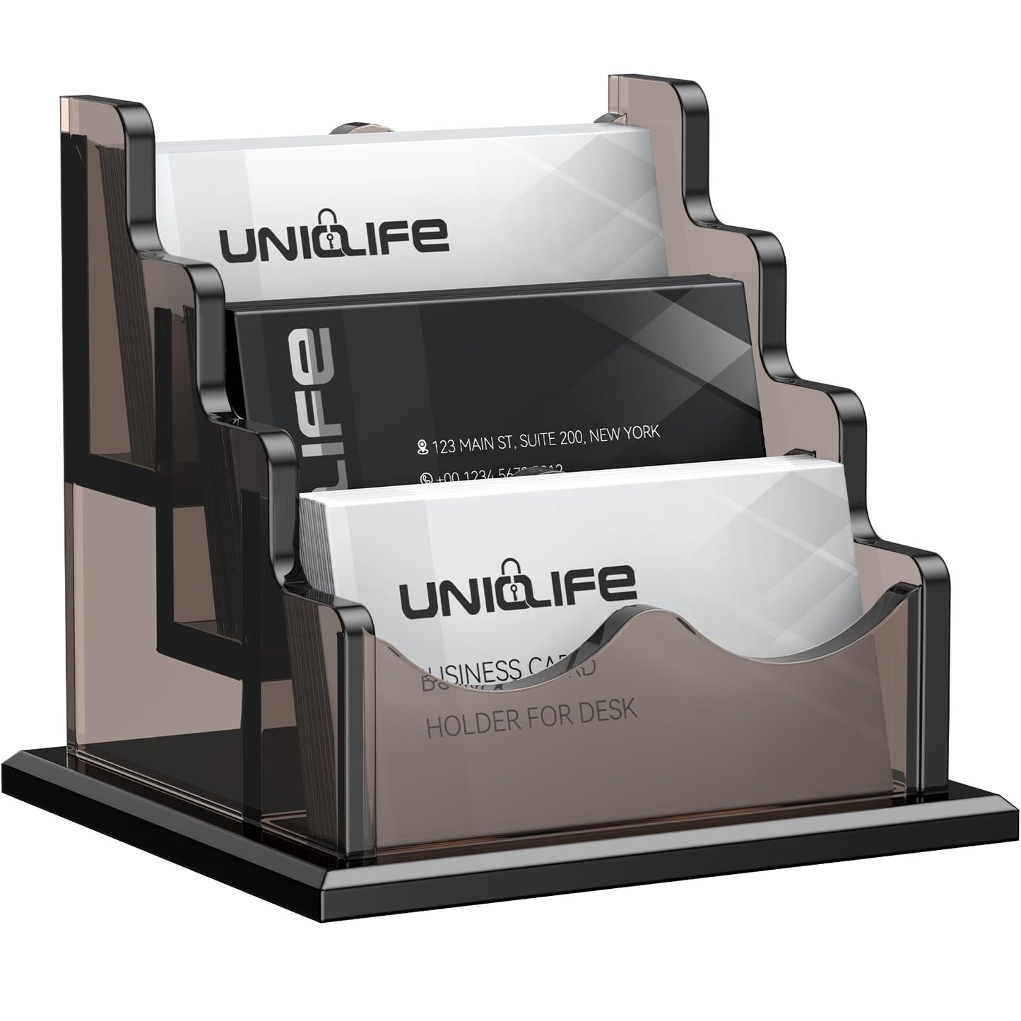 Uniclife Acrylic Business Card Holder for Desk 3 Slots Horizontal Business Card Display Stand for Men and Women Desktop Name Card Organizer Card Stand for Office Home, 180 Card Capacity, Black