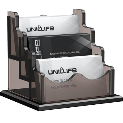 Uniclife Acrylic Business Card Holder for Desk 3 Slots Horizontal Business Card Display Stand for Men and Women Desktop Name Card Organizer Card Stand for Office Home, 180 Card Capacity, Black
