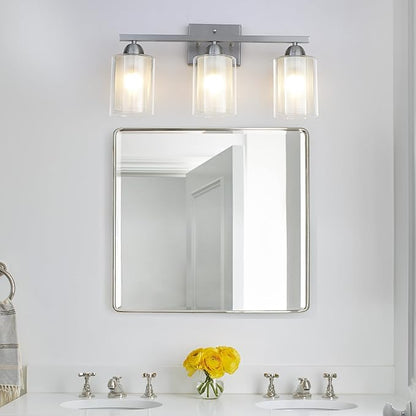 Stainless Steel Bathroom Vanity Light Over Mirror, 3 Light Brushed Nickel Bathroom Light Fixtures with Milk Glass and Clear Glass Shades, Modern Vanity Lighting Wall Mount