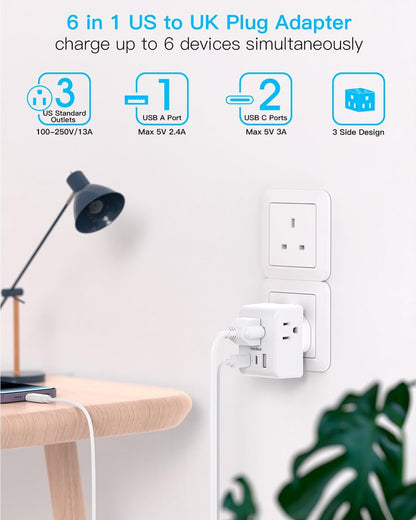 2 Pack US to UK Ireland Travel Plug Adapter, Type G Power Plug Adapter with 3 Outlets 3 USB Ports(2 USB C), European Travel Plug Adapter for USA to England London Scotland British Qatar Irish HongKong