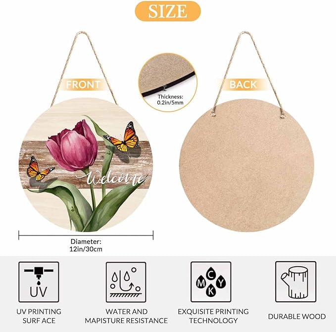 Farmhouse Front Porch Decor Door Hanging Retro Beautiful Tulip Butterfly 12in Round Wooden Hanging Housewarming Home Decor Present