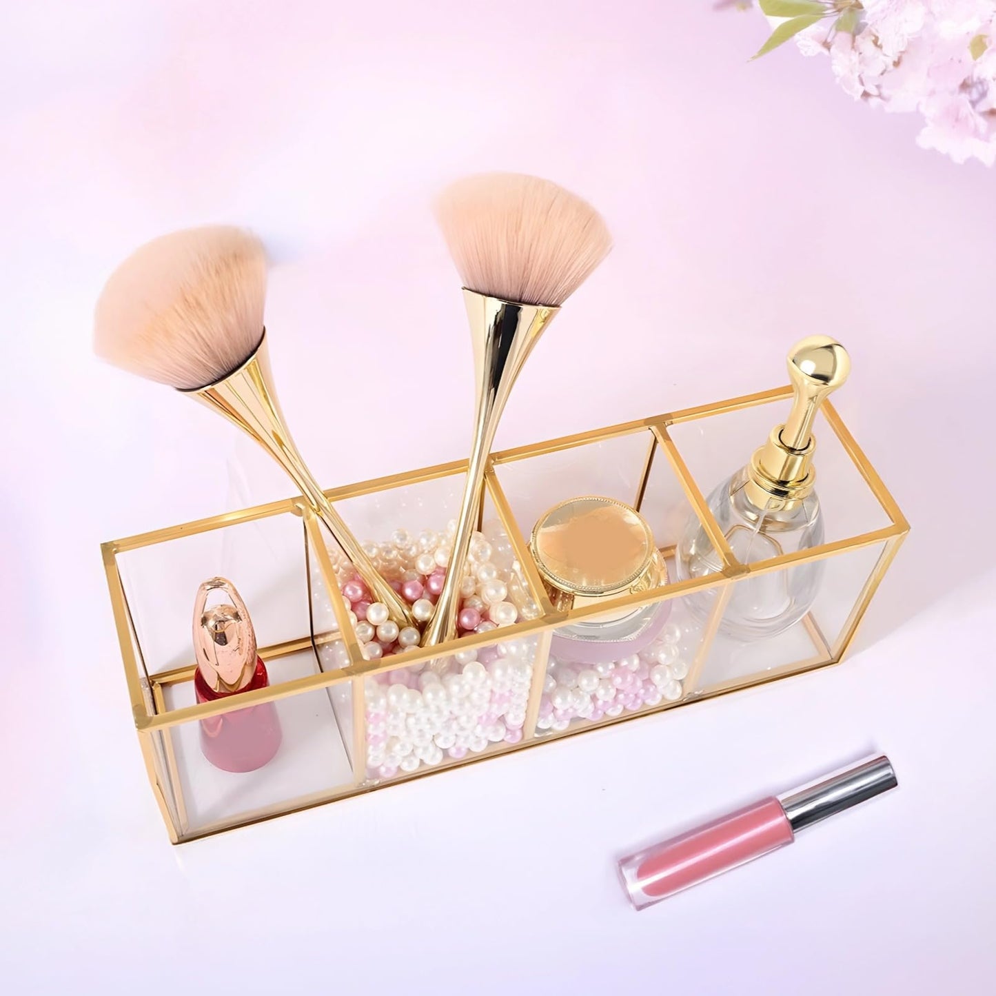 Toyosport Gold Pencil Holder, Gold Makeup Brush Holder, 4-Compartment Desktop Organizer, Transparent Glass Holder, Ideal for Makeup, Office, School Items Storage