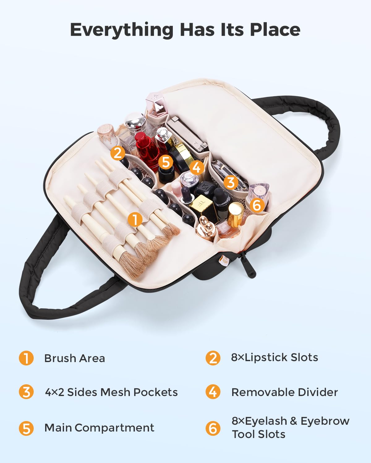 Wandering Nature Standing Makeup Bag for Travel, Portable Fold-down Cosmetic Organizer, Puffer Open Make Up Pouch with Handle & Divider & Brush Holder, Easy Clean Toiletry Bag with EVA Lining