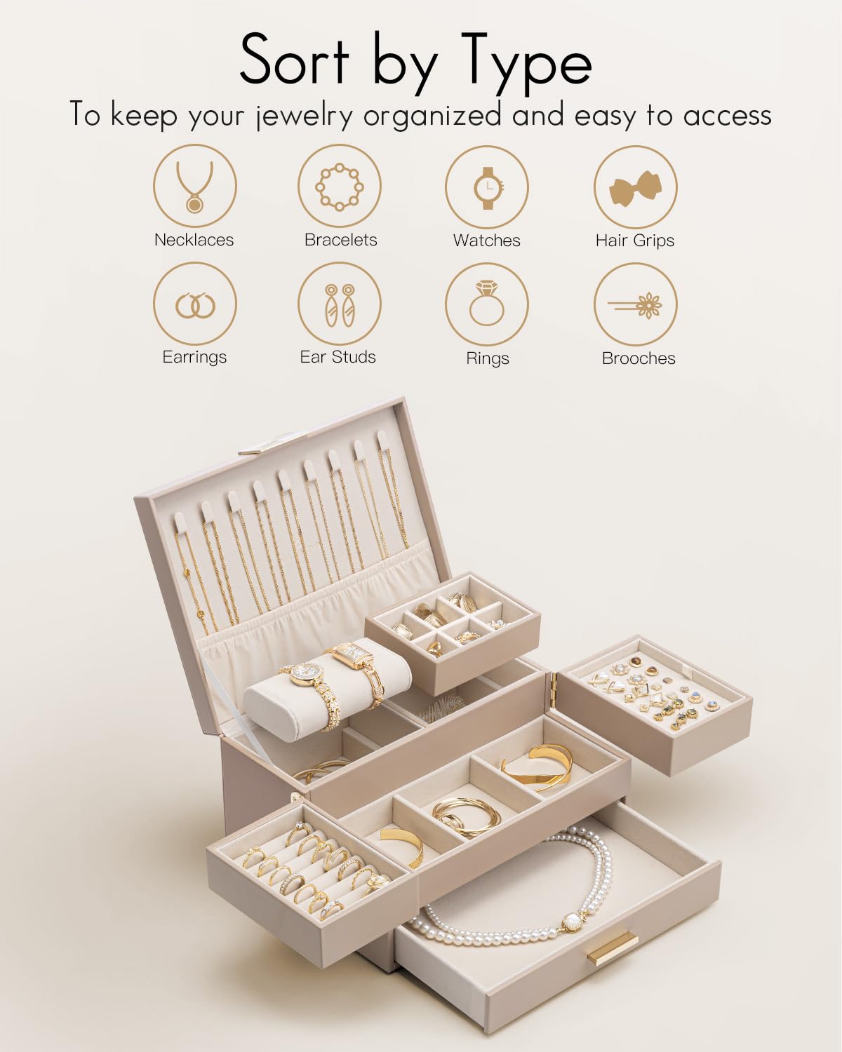 VLANDO 3 Layer Jewelry Box - Women Jewelry Box with Retractable Tray - Jewelry Organizers with Drawer for Necklaces, Rings, Bracelets, Earrings, Gift for Couples Mom Girls - Toffee