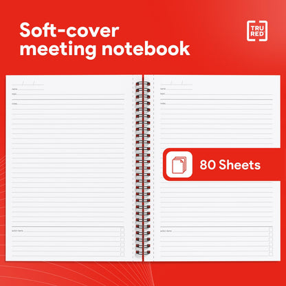 TRU RED Medium Soft Cover Meeting Notebook, Black – Ruled, Spiral Bound, 80 Sheets, Interior Pocket