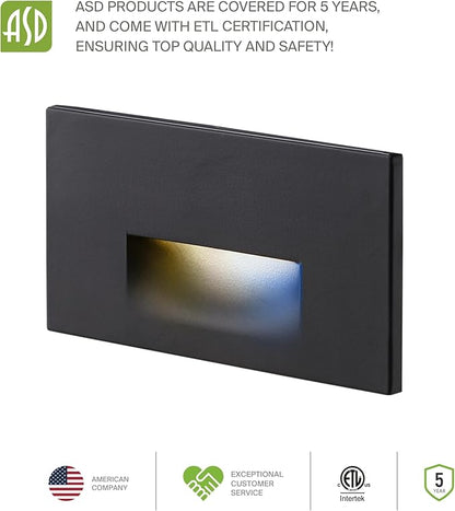 ASD LED Recessed Step Light Fixture, Dusk to Dawn Outdoor Stair Tread Lighting | 3CCT, Photocell, Waterproof, ETL Listed | 3W 120LM 3000K-5000K 120V | Staircase Hardwired Illumination | Black